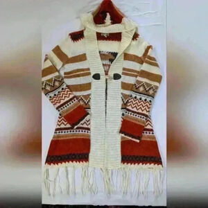 Kirra Fringe Aztec Hooded Sweater Open Front Toggle Size Small